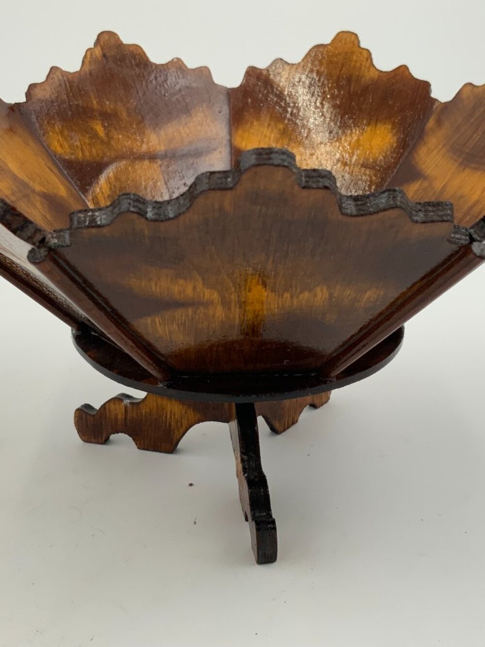 Vintage Mid Century Handmade Wooden Pedestal Bowl Scalloped Edges Gorgeous Stain